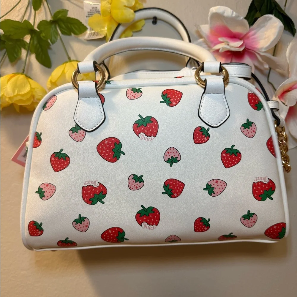 Juicy Couture White Strawberry Print Satchel with Red Strawberry Charm
